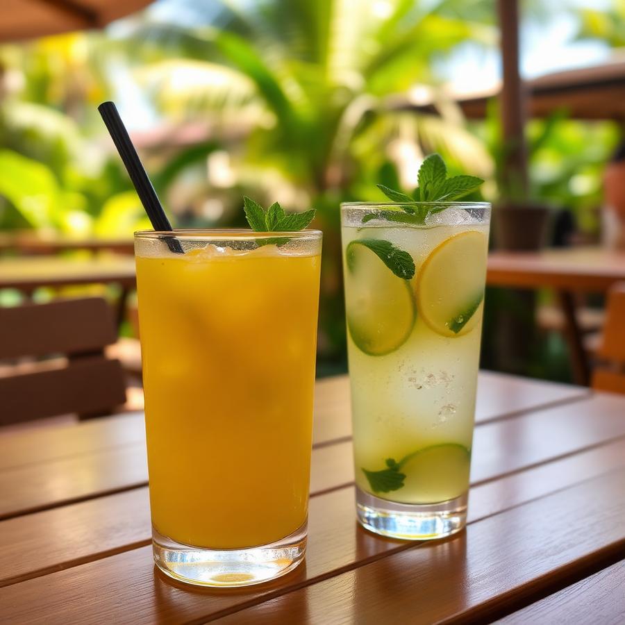 Mango lassi and lime soda in tall glasses