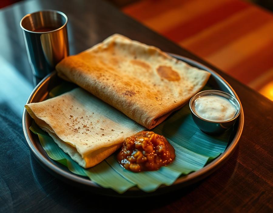 South Indian dosa with chutney and sambar