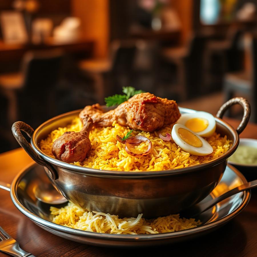 Chicken biryani served in a copper handi