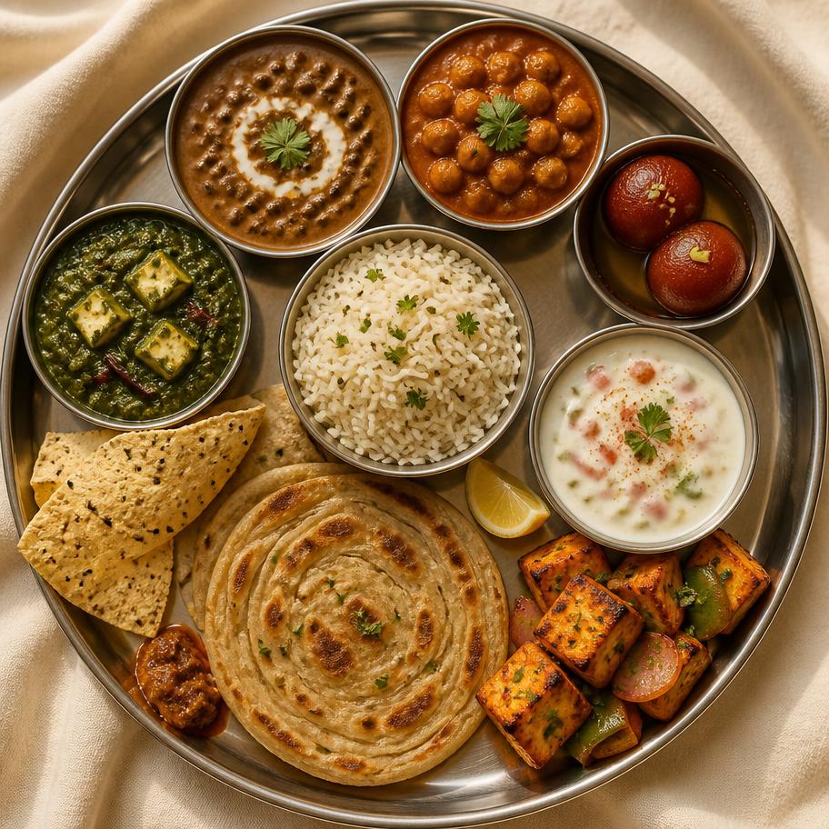 Punjabi thali platter with paneer tikka, dal makhani and lachha paratha