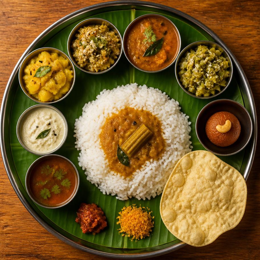 South Indian thali on a banana leaf with rice, sambar and rasam
